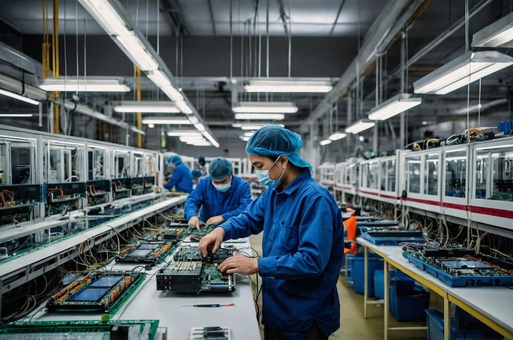 Profissionais atuando em linha de produção industrial na montagem de equipamentos eletrônicos